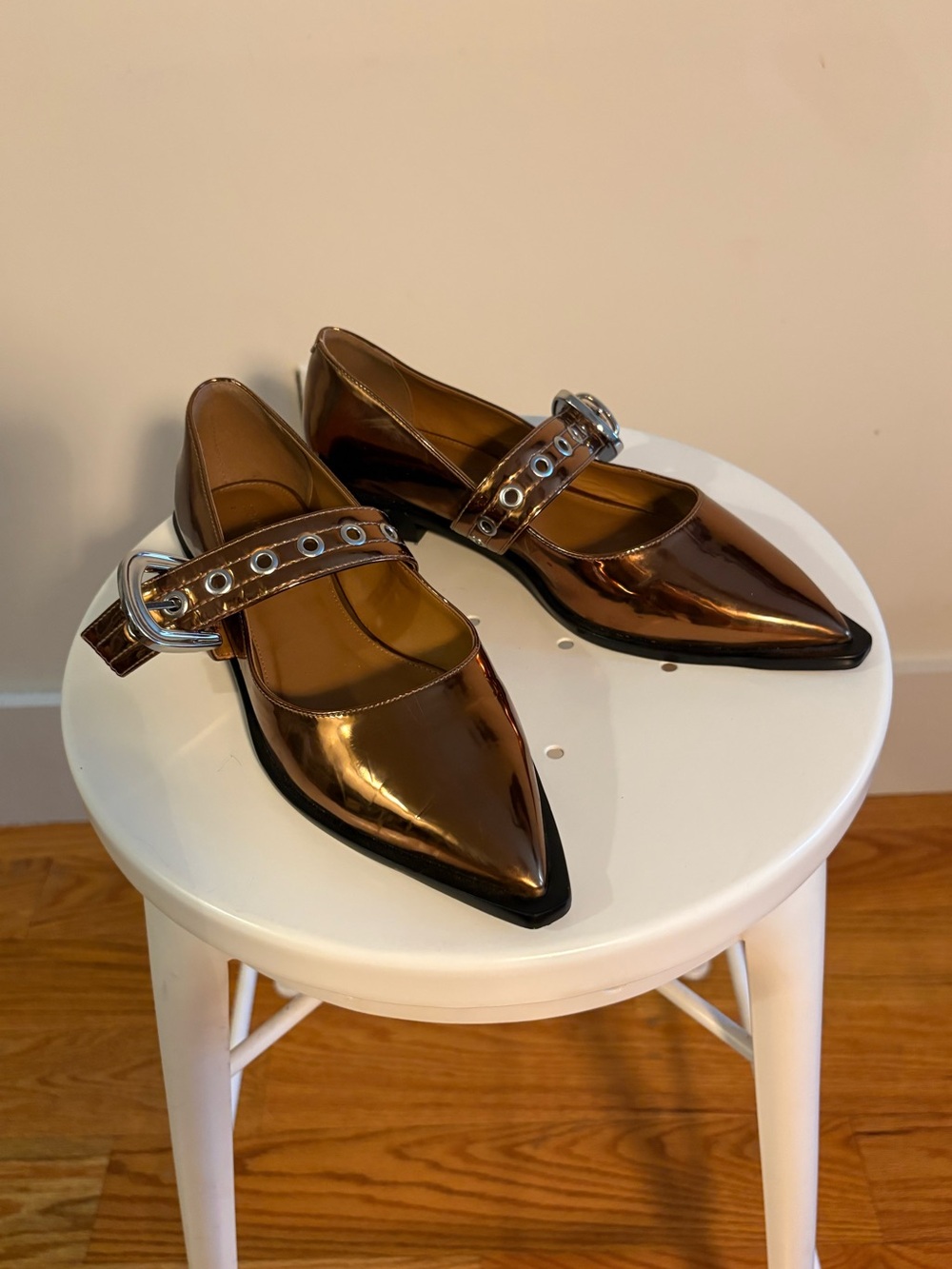 Maeve Anthropologie Pointed Toe Moto Mary Jane Flats Metallic Bronze Gold EUR 38